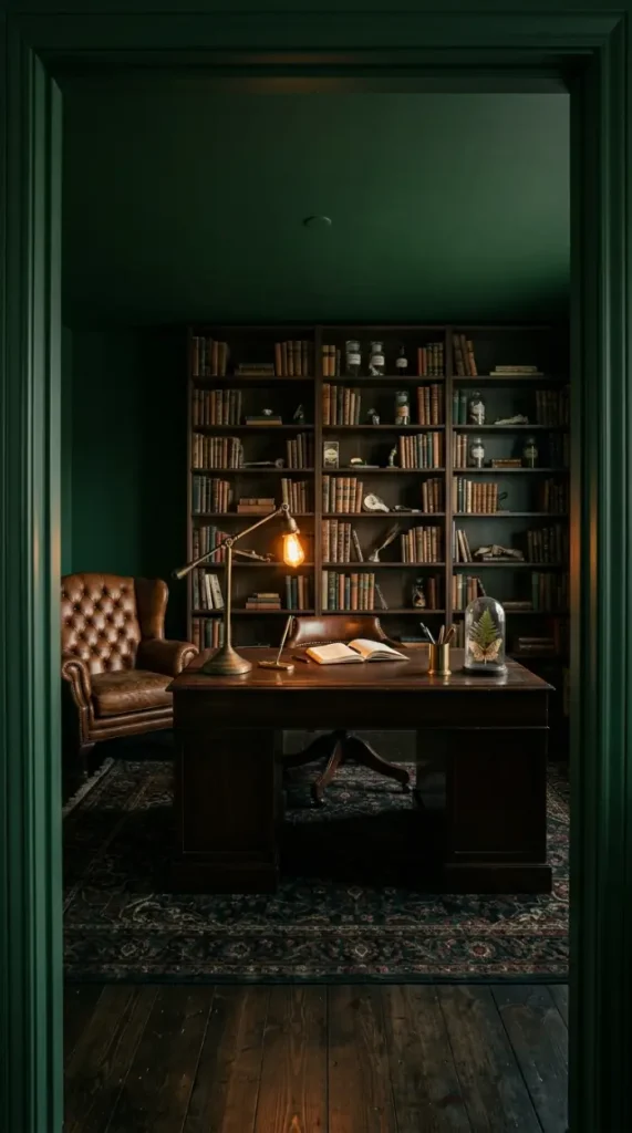 20 Quirky Home Decor Curiosity Cabinet Dark Office 1 1. Paint Every Wall and the Ceiling in the Same Deep Dark Color