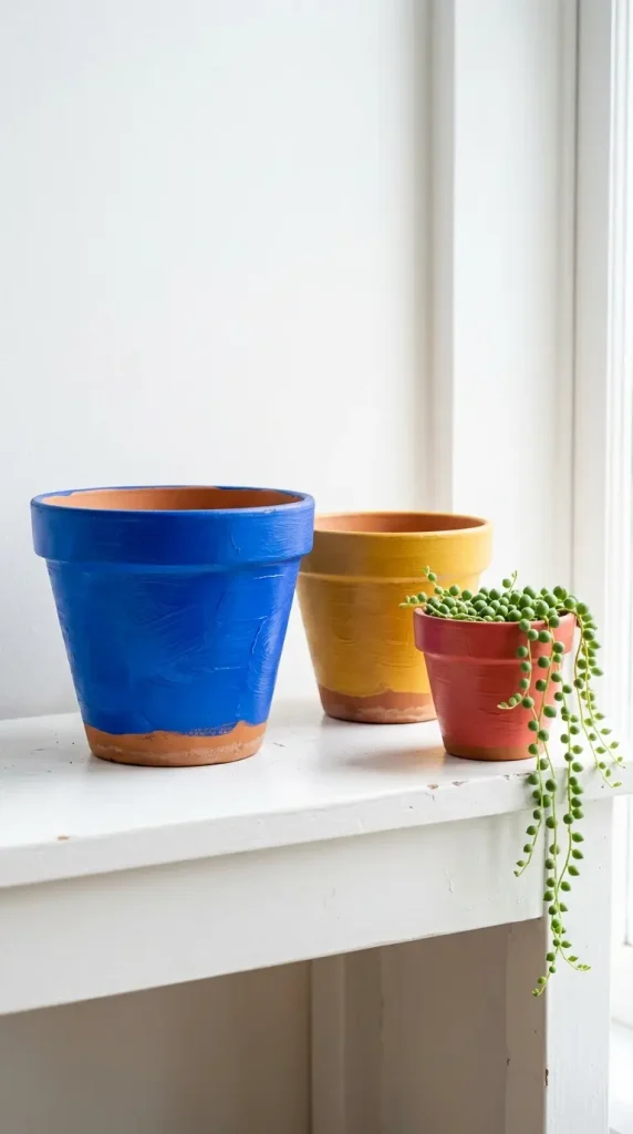 20 Funky Home Decor DIY Easy Ideas For Creative Homes 1 1. Paint Terracotta Pots in Bold Block Colors and Stack Them