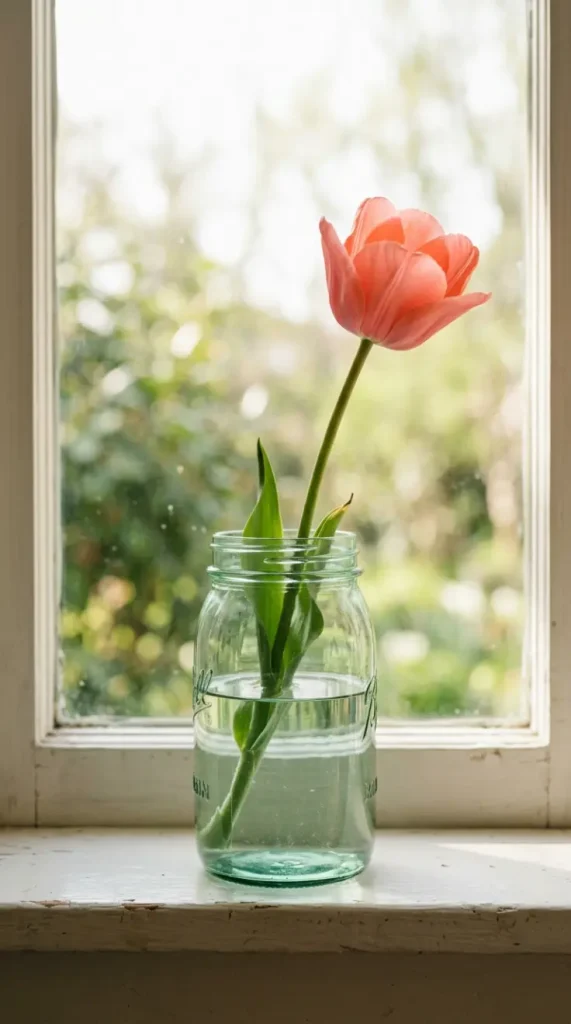 20 Simple DIY Spring Home Decoration - Mason Jar Flowers 1 1. Single Stem Tulip in a Tall Mason Jar