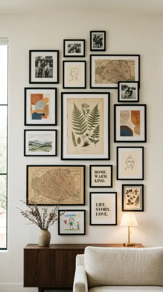 28 Wall Decor Ideas That Transform Every Blank Surface 1 1. The Classic Gallery Wall — Curated Personal Collection