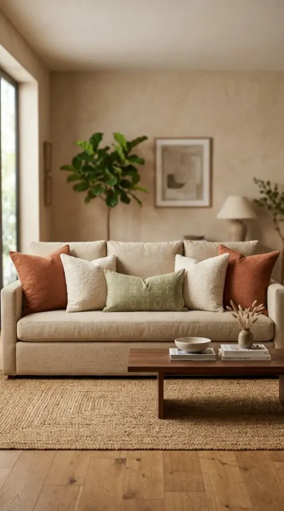 25 Throw Pillow Combinations That Transform Any Sofa 1 1. The Classic Neutral Linen Sofa Combination