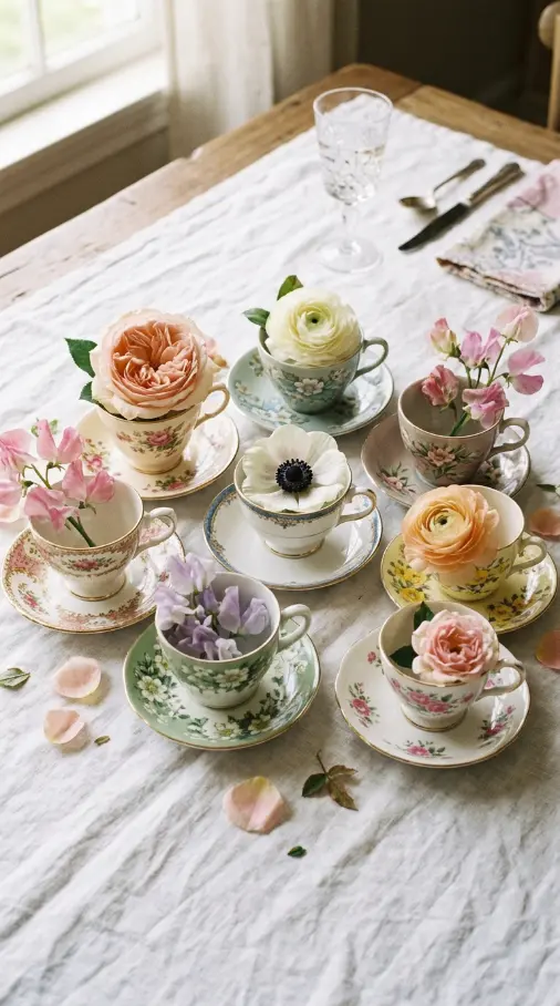 22 Mother's Day Brunch Decorations With Vintage China 1 1. The Mismatched Teacup Centerpiece