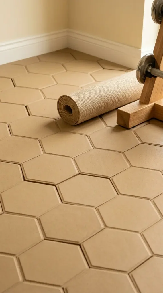 18 Warm Neutral Home Gym Studio Spare Bedroom Conversion 1 1. Warm Sand Rubber Hex Tile Flooring as the Foundation