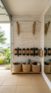 18 Coastal Home Gym Inspiration Garage Conversion Ideas 1 1. Whitewashed Plank Wall Coastal Gym With Rope Accents