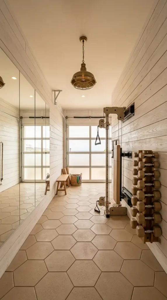 22 Coastal Home Gym Inspiration: Garage Conversion Ideas 1 1. Whitewashed Shiplap Walls for an Instant Coastal Feel