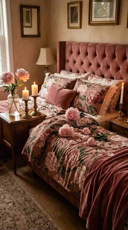 22 Floral Bedding Ideas Blush Peony Romantic Luxury Bed 10 10. Blush Peony Bed Styled with Fresh Flowers and Candles