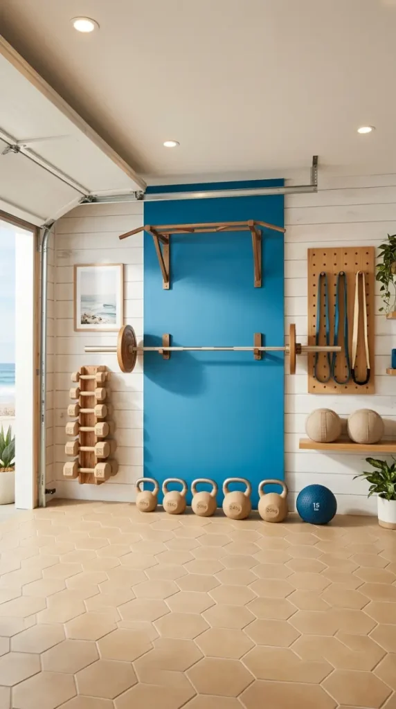 22 Coastal Home Gym Inspiration: Garage Conversion Ideas 10 10. Coastal Color Palette Equipment — Sand, Champagne, and Ocean Blue