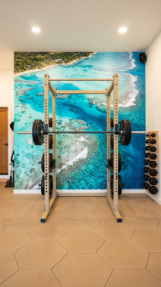 18 Coastal Home Gym Inspiration Garage Conversion Ideas 10 10. Coastal Power Rack Gym With Mural Wall