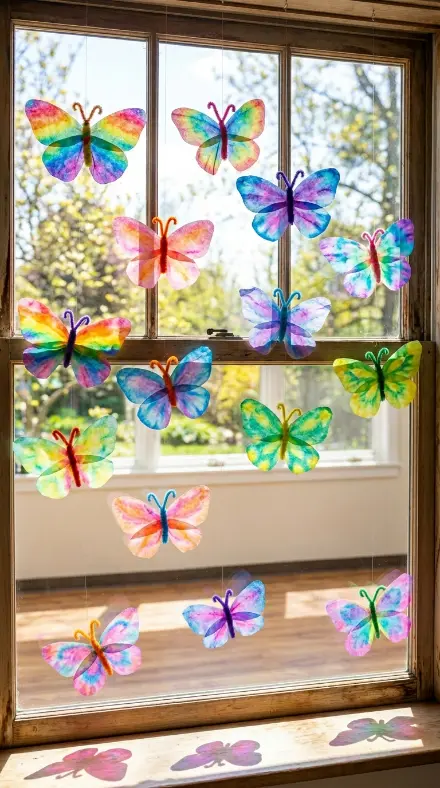 18 Easy Spring Classroom Crafts - Coffee Filter Butterflies 10 10. Coffee Filter Butterfly Suncatcher Window Display