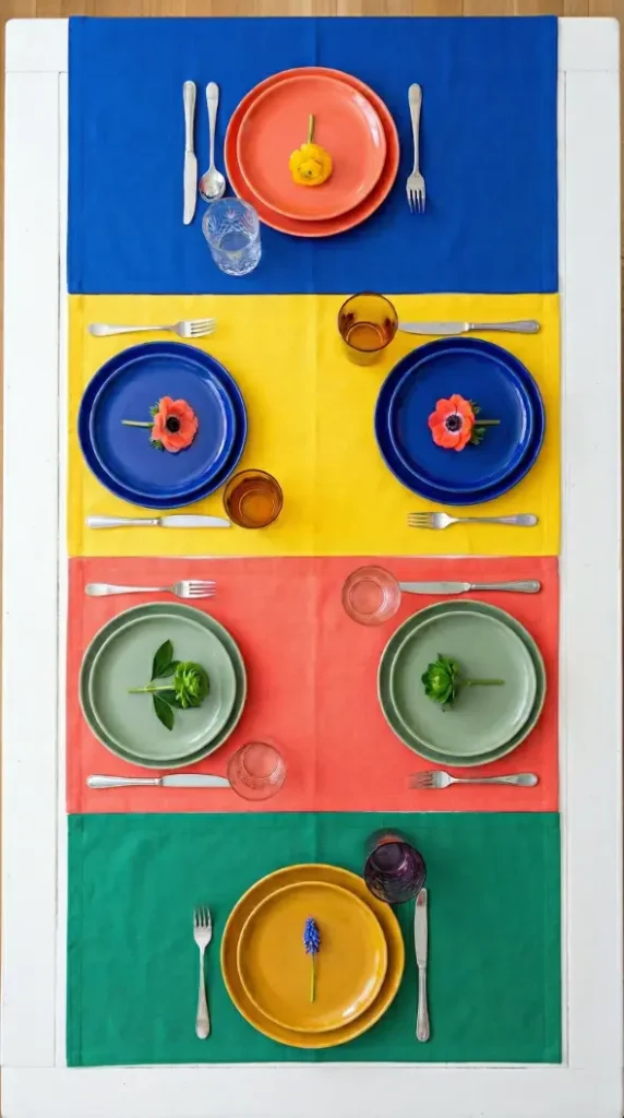22 Spring Table Decor Ideas - Dopamine Colorful Brunch Style 10 10. Color Block Table Zones Instead of One Runner