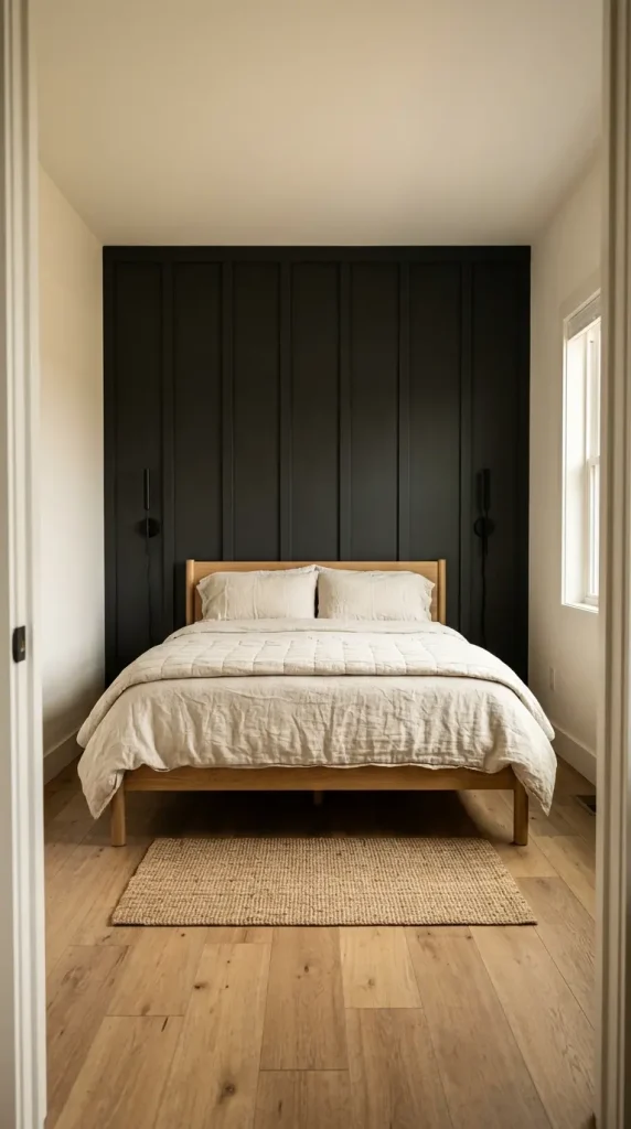 18 Modern Farmhouse Bedroom Ideas Dark Board and Batten 10 10. Dark Board and Batten Small Bedroom Maximizing Visual Space