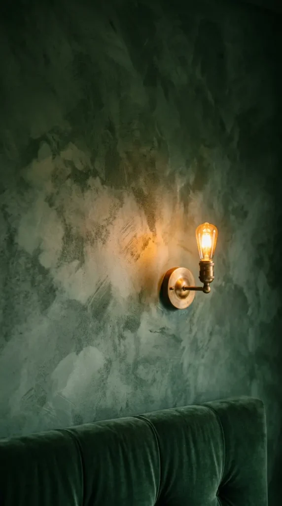 22 Earthy Cozy Bedroom - Dark Green Velvet Brass Luxury 10 10. Dark Green Limewash Wall Texture Behind the Bed