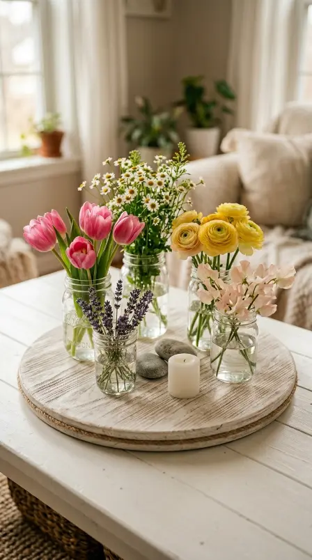 20 Simple DIY Spring Home Decoration - Mason Jar Flowers 10 10. Mason Jar Flower Arrangement on a Wooden Tray
