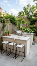 18 Easy Outdoor Kitchen DIY Ideas Modern L-Shape Build 10 10. Small Space L-Shape With Compact Footprint and Bar Seating Priority