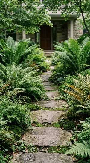 20 Simple Front Yard Landscaping Stepping Stone Path 10 10. Stepping Stone Path Through Fern and Shade Garden