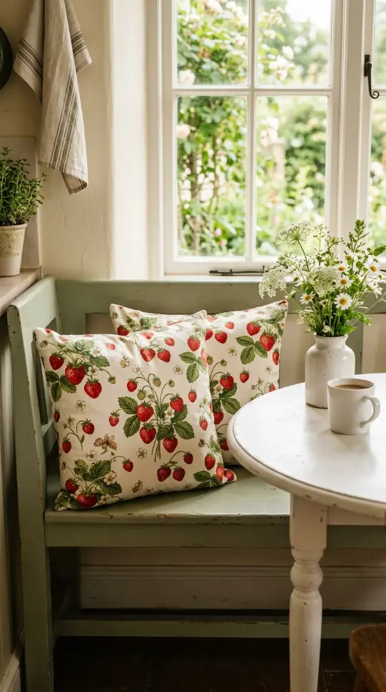 20 Cute Throw Pillows That Make Every Room Smile 10 10. Strawberry Print Throw Pillow for a Cottagecore Kitchen Nook