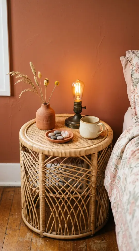 22 Vintage Floral Bedding Boho Rattan Bedroom Terracotta 10 10. Style a Rattan Nightstand With Terracotta Ceramics