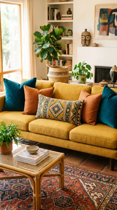 25 Throw Pillow Combinations That Transform Any Sofa 10 10. The Mustard Yellow Sofa Bold Eclectic Combination