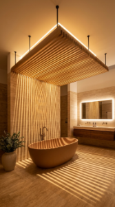 18 Incredible Luxury Bathroom Ideas Travertine Spa Style 10 10. Travertine Spa Bathroom With Floating Timber Ceiling Panels