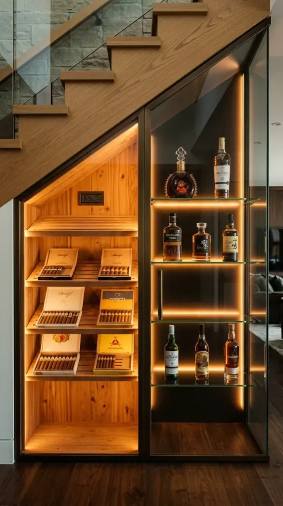 24 Luxury Staircase Storage Ideas Glass Wine Cellar Style 10 10. Under-Stair Glass Enclosed Cigar and Whisky Humidor