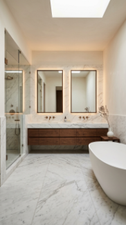 18 Incredible Luxury Bathroom Ideas White Marble Glamour 10 10. White Marble and Warm Walnut Wood Luxury Bathroom