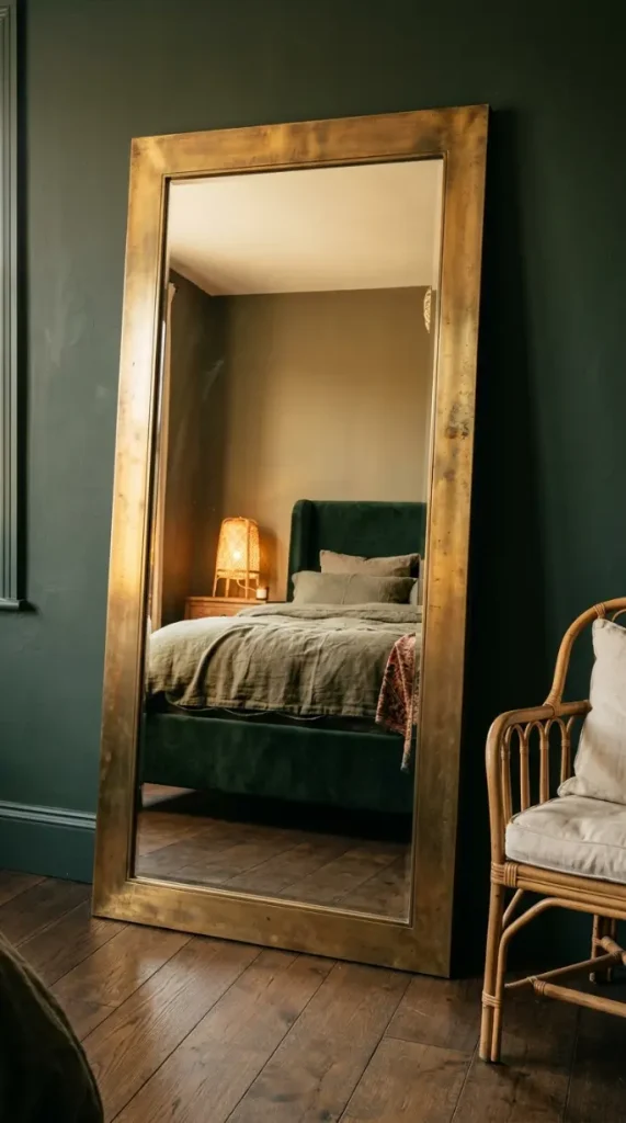 22 Earthy Cozy Bedroom - Dark Green Velvet Brass Luxury 11 11. Brass Framed Full Length Mirror Leaning Against the Wall