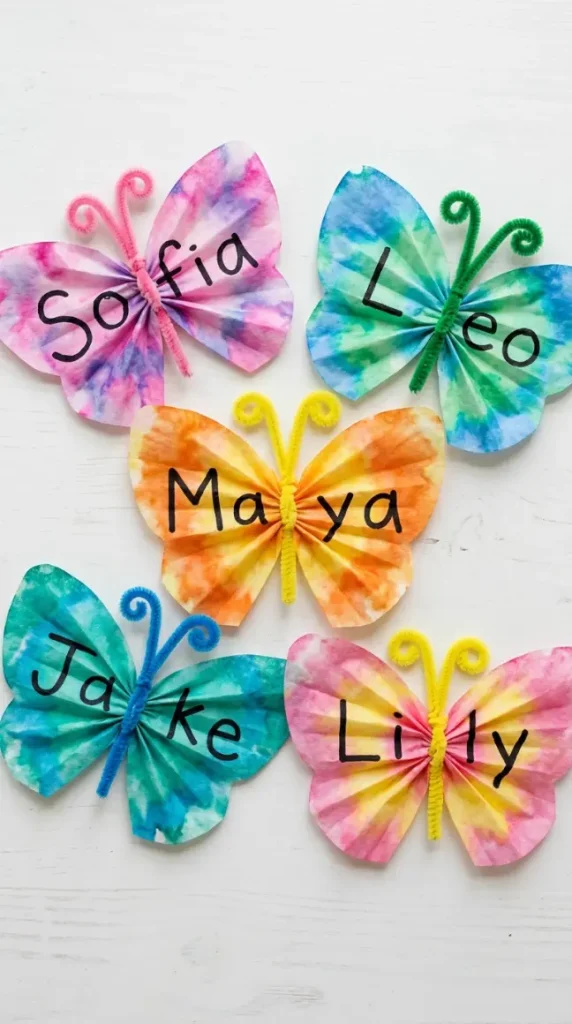 18 Easy Spring Classroom Crafts - Coffee Filter Butterflies 11 11. Butterfly Name Tag Craft for First Day of School