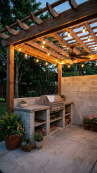 18 Easy Outdoor Kitchen DIY Ideas Cinder Block Grill Station 11 11. Cinder Block Grill Station With Pergola and Privacy Screen
