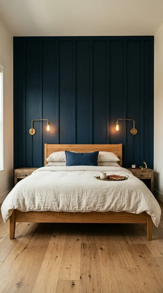 18 Modern Farmhouse Bedroom Ideas Dark Board and Batten 11 11. Dark Navy Board and Batten for a Rich Sophisticated Farmhouse Bedroom
