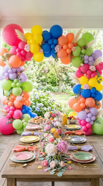 22 Spring Table Decor Ideas - Dopamine Colorful Brunch Style 11 11. Giant Balloon Arch as Porch Brunch Backdrop