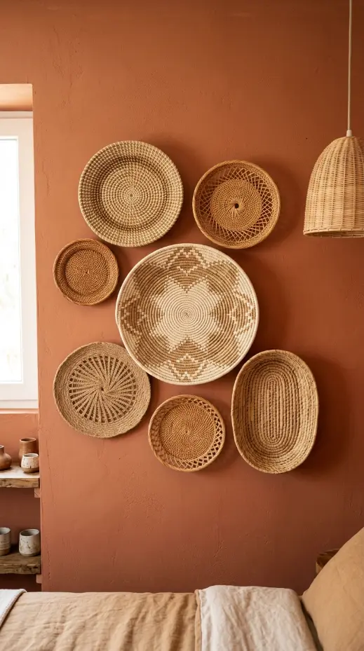 22 Vintage Floral Bedding Boho Rattan Bedroom Terracotta 11 11. Hang Woven Basket Wall Art in an Organic Cluster