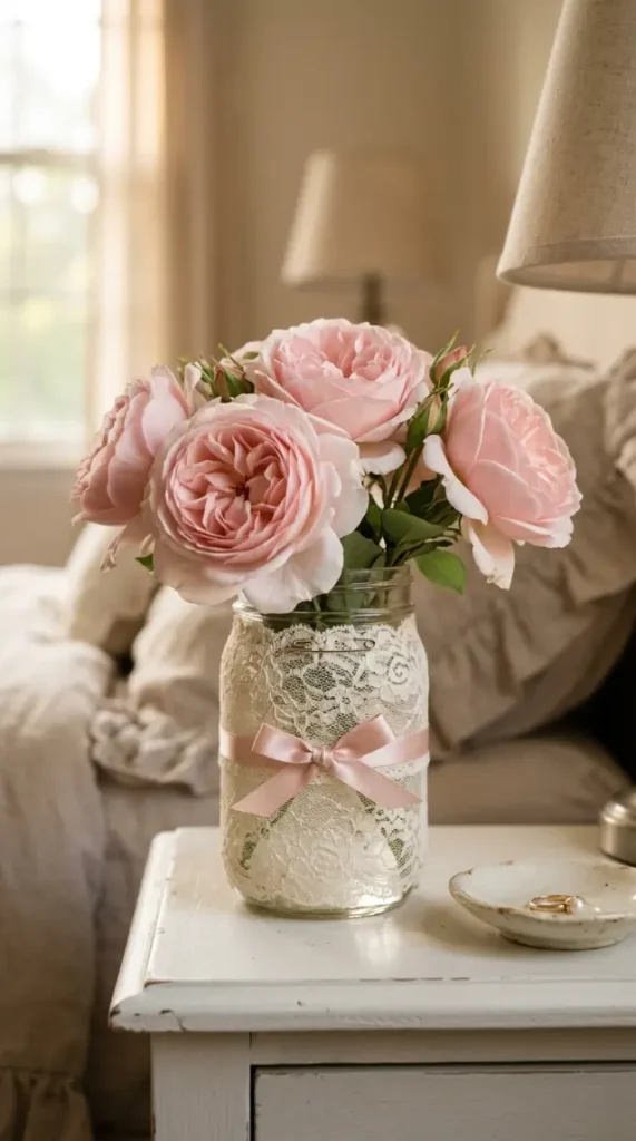 20 Simple DIY Spring Home Decoration - Mason Jar Flowers 11 11. Lace-Wrapped Mason Jar with Garden Roses