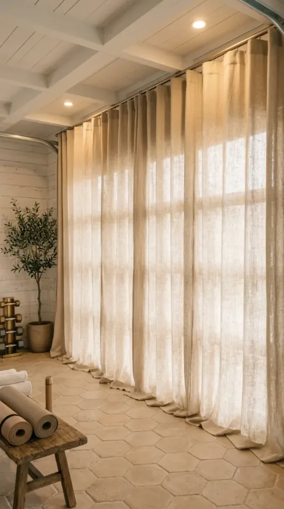 22 Coastal Home Gym Inspiration: Garage Conversion Ideas 11 11. Linen Concealment Curtain for Garage Door