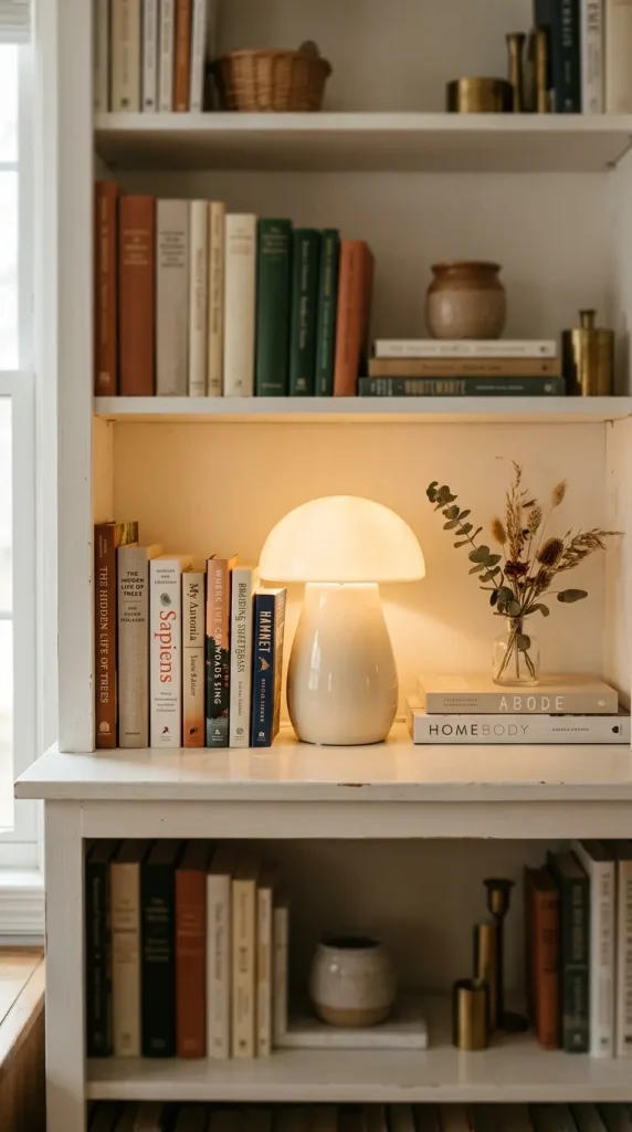 18 Mushroom Lamp Decor Ideas for Every Home Aesthetic 11 11. Mushroom Lamp on a Bookshelf for Reading Nook Lighting