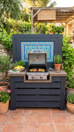 18 Easy Outdoor Kitchen DIY Ideas Pallet Wood Bar Grill 11 11. Pallet Wood and Tile Mosaic Grill Surround
