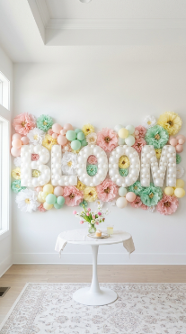 20 DIY Spring Party Decor Ideas Paper Flower Balloon Wall 11 11. Paper Flower and Balloon Letter Wall