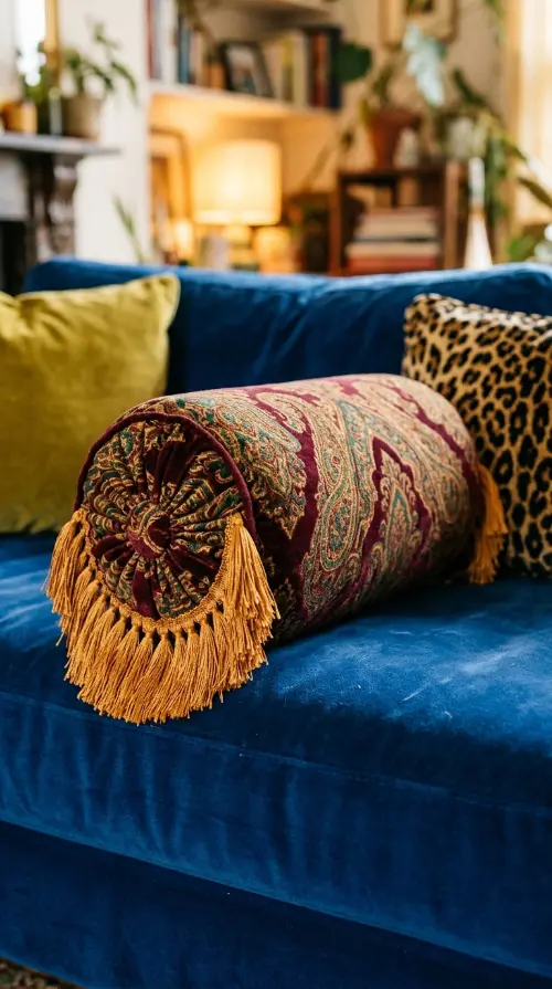 20 Funky Throw Pillows Ideas That Actually Make a Statement 11 11. Round Bolster Pillow With Fringe Ends