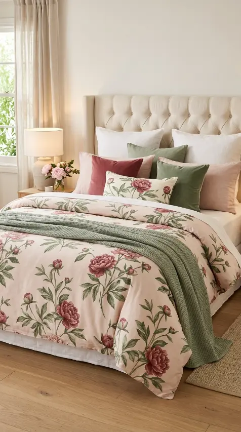 22 Floral Bedding Ideas Blush Peony Romantic Luxury Bed 11 11. Sage Green and Blush Peony Combination