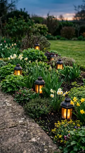 20 Spring Lantern Decor Ideas for Home and Garden 11 11. Solar Lanterns Nestled in a Garden Border