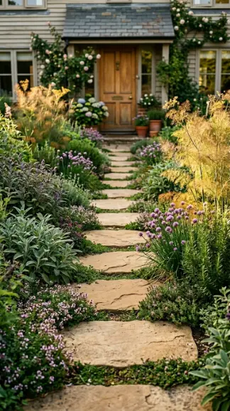 20 Simple Front Yard Landscaping Stepping Stone Path 11 11. Staggered Stepping Stone Path With Herb Border