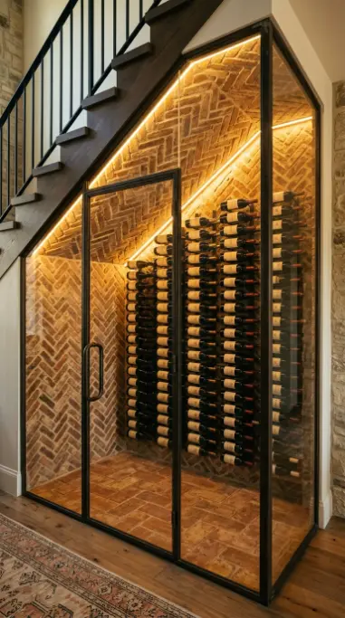 24 Luxury Staircase Storage Ideas Glass Wine Cellar Style 11 11. Under-Stair Glass Cellar With Herringbone Brick Interior