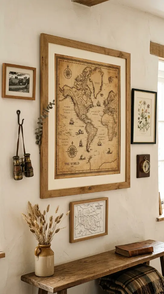 22 Farmhouse Living Room Wall Decor Ideas 11 11. Vintage Map and Print Layered Wall Display