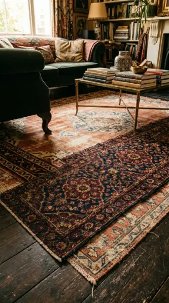 24 Eclectic Quirky Home Decor Ideas 11 11. Vintage Rug Layering on Timber or Concrete Floor