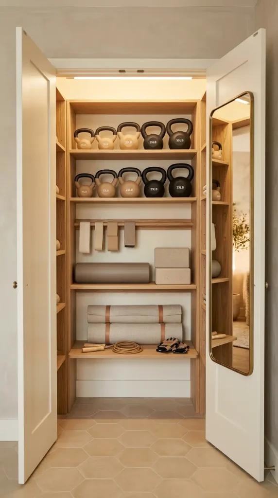 18 Warm Neutral Home Gym Studio Spare Bedroom Conversion 11 11. Warm Neutral Closet Conversion to Equipment Storage