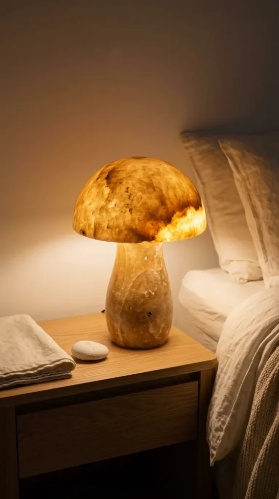 18 Mushroom Lamp Decor Ideas for Every Home Aesthetic 12 12. Alabaster Mushroom Lamp for a Quiet Luxury Bedroom