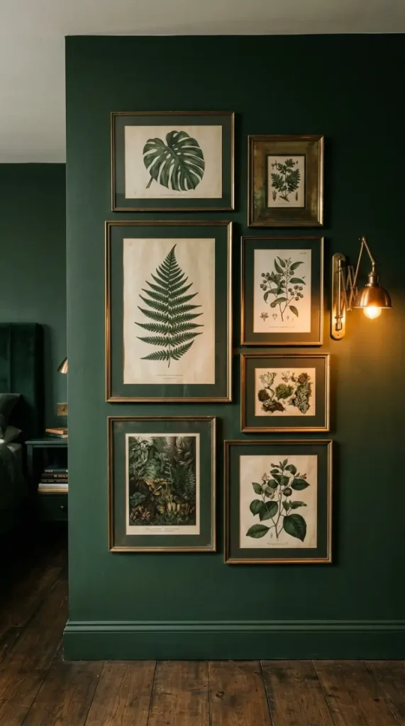 22 Earthy Cozy Bedroom - Dark Green Velvet Brass Luxury 12 12. Botanical Gallery Wall in Aged Brass Frames