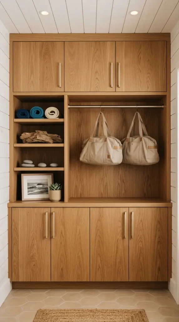 22 Coastal Home Gym Inspiration: Garage Conversion Ideas 12 12. Built-In Timber Storage Wall with Coastal Decor