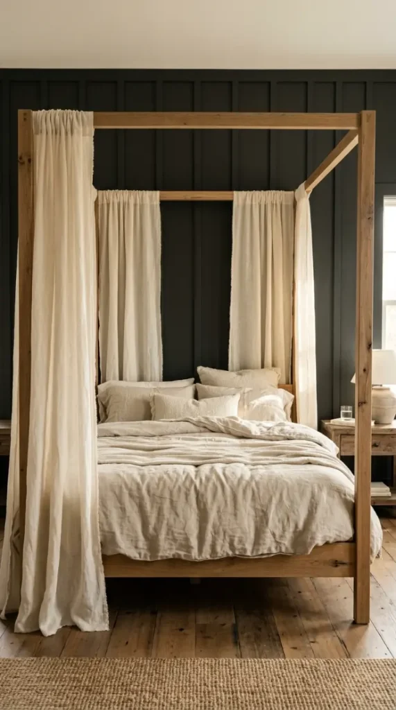 18 Modern Farmhouse Bedroom Ideas Dark Board and Batten 12 12. Dark Board and Batten With a Linen Canopy Bed for Soft Contrast