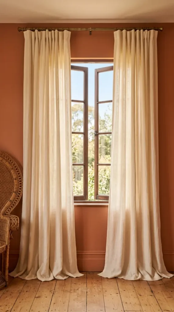 22 Vintage Floral Bedding Boho Rattan Bedroom Terracotta 12 12. Drape Cream Linen Curtains From Ceiling to Floor