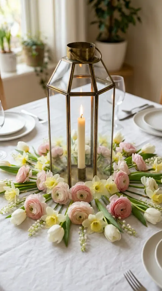 20 Spring Lantern Decor Ideas for Home and Garden 12 12. Lantern Centerpiece on a Spring Dining Table With Fresh Flower Rings